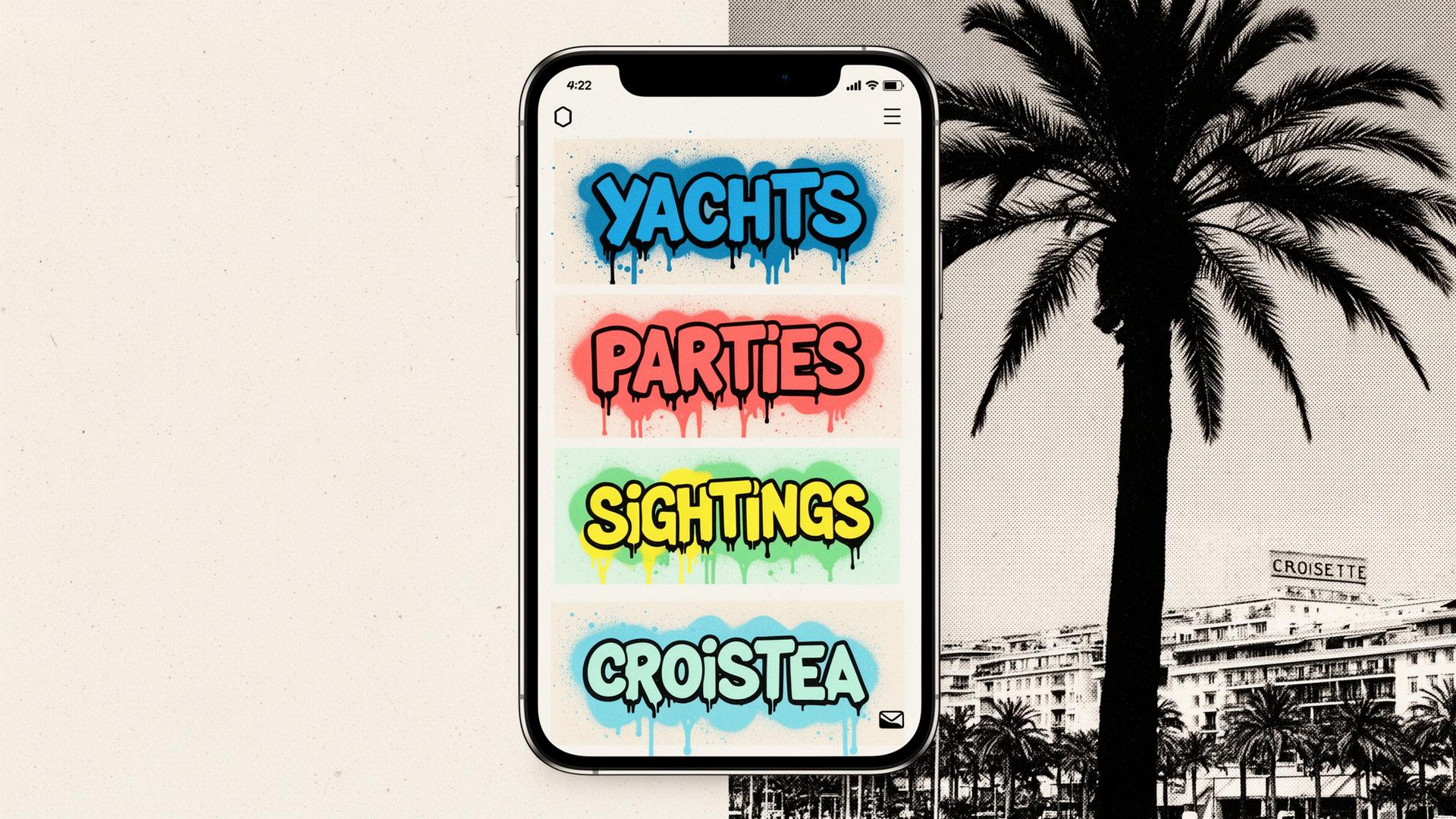 Spraycannes press hero — phone screen showing graffiti feed with palm tree on the Croisette