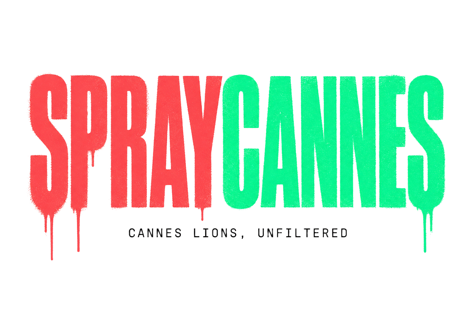 Spraycannes wordmark logo — coral and mint dripping spraypaint